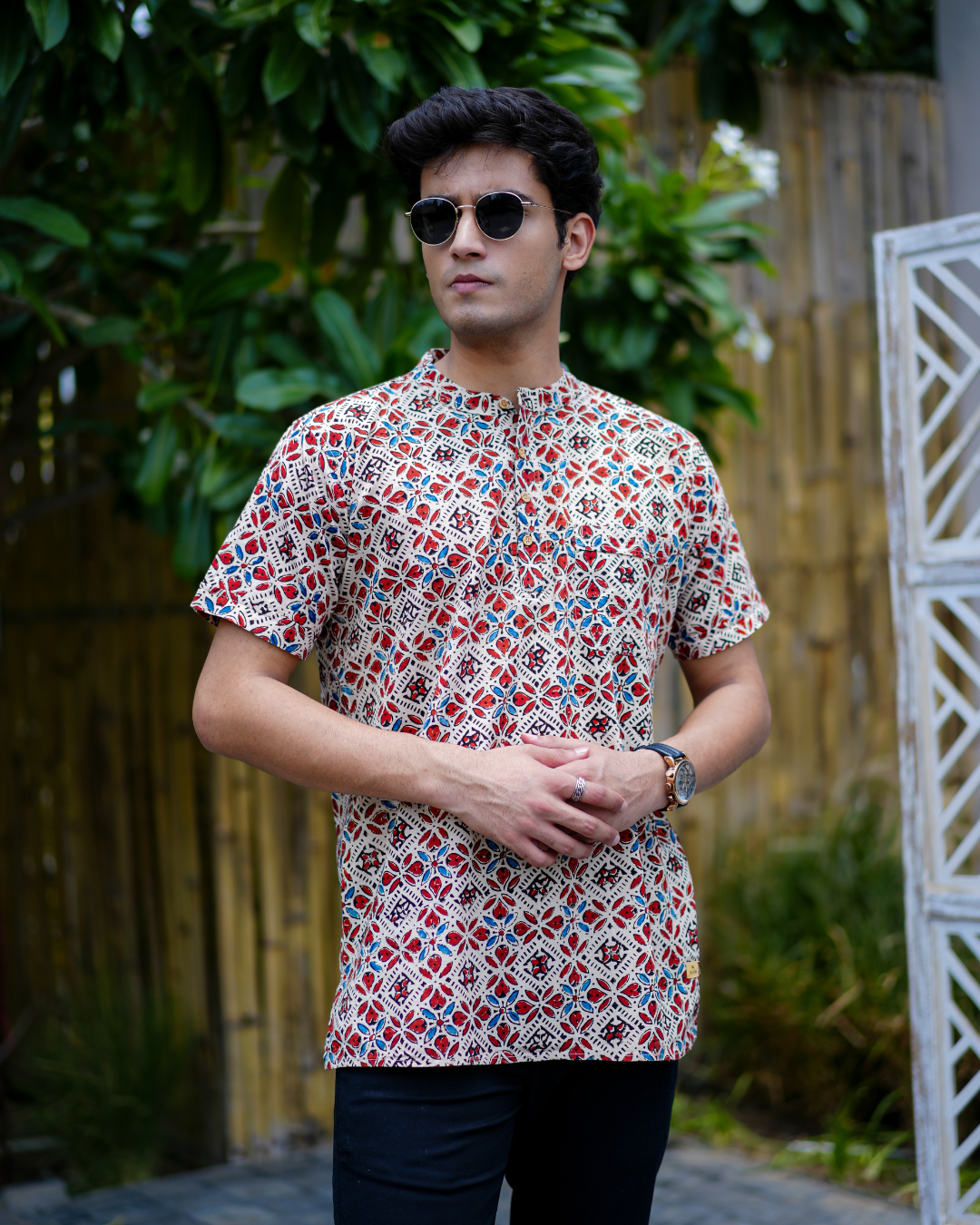 Beige Ajrak Pure Cotton Bushirt for Men